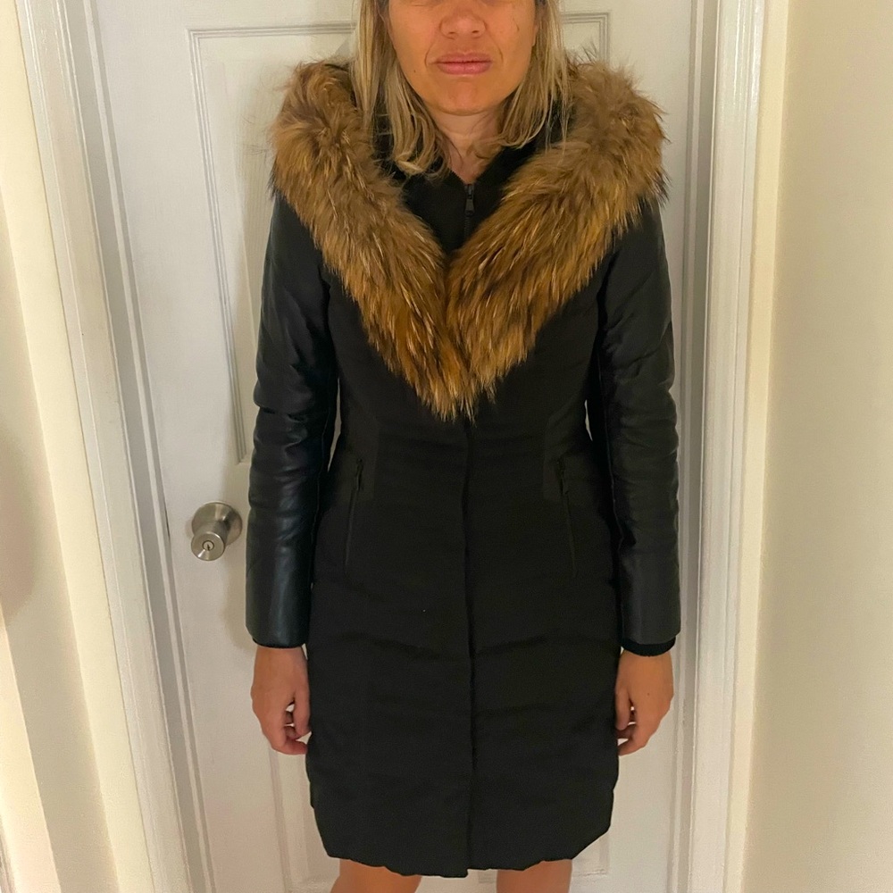 Danier Down Black Puffer Coat with Fur Trim and leather accents.